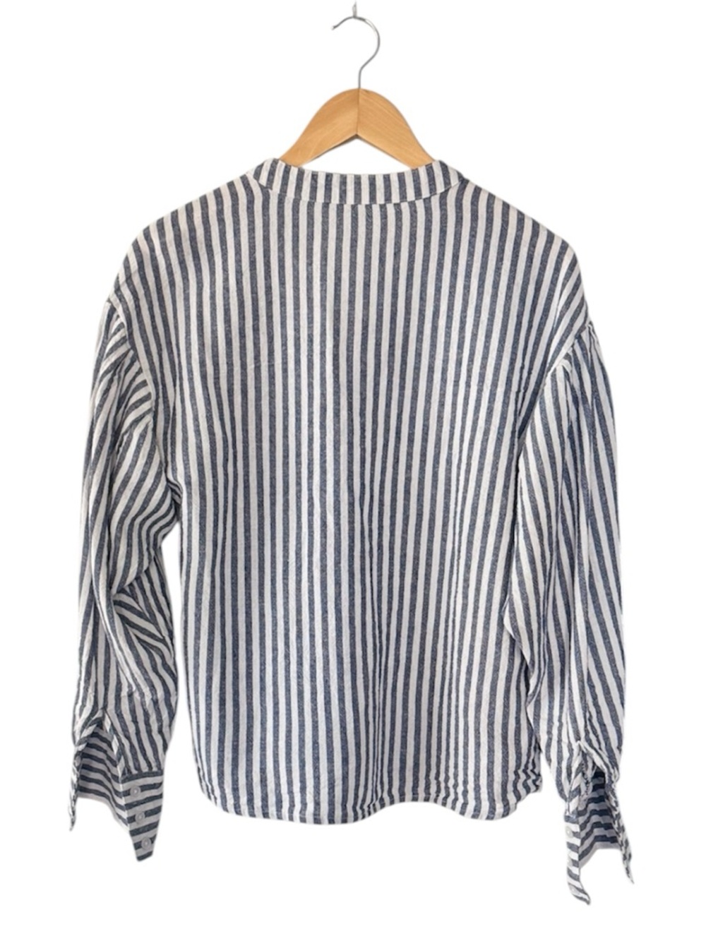 Aqua Blue & White Striped V-Neck Peasant Blouse Size S Linen Blend - Picture 4 of 6